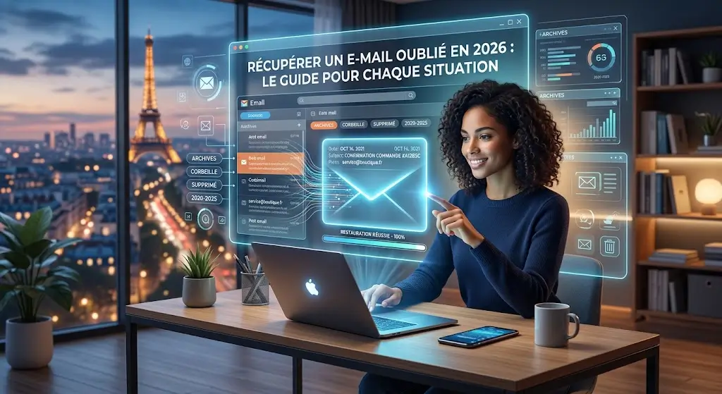 Personne essayant de se souvenir de son adresse e-mail oubliée et de la récupérer sur son téléphone et son ordinateur