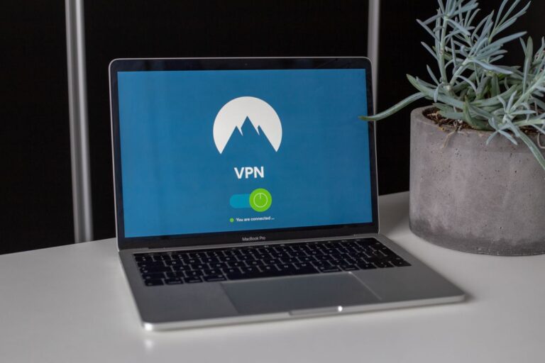 Ordinateur portable affichant un écran VPN à côté d'une plante